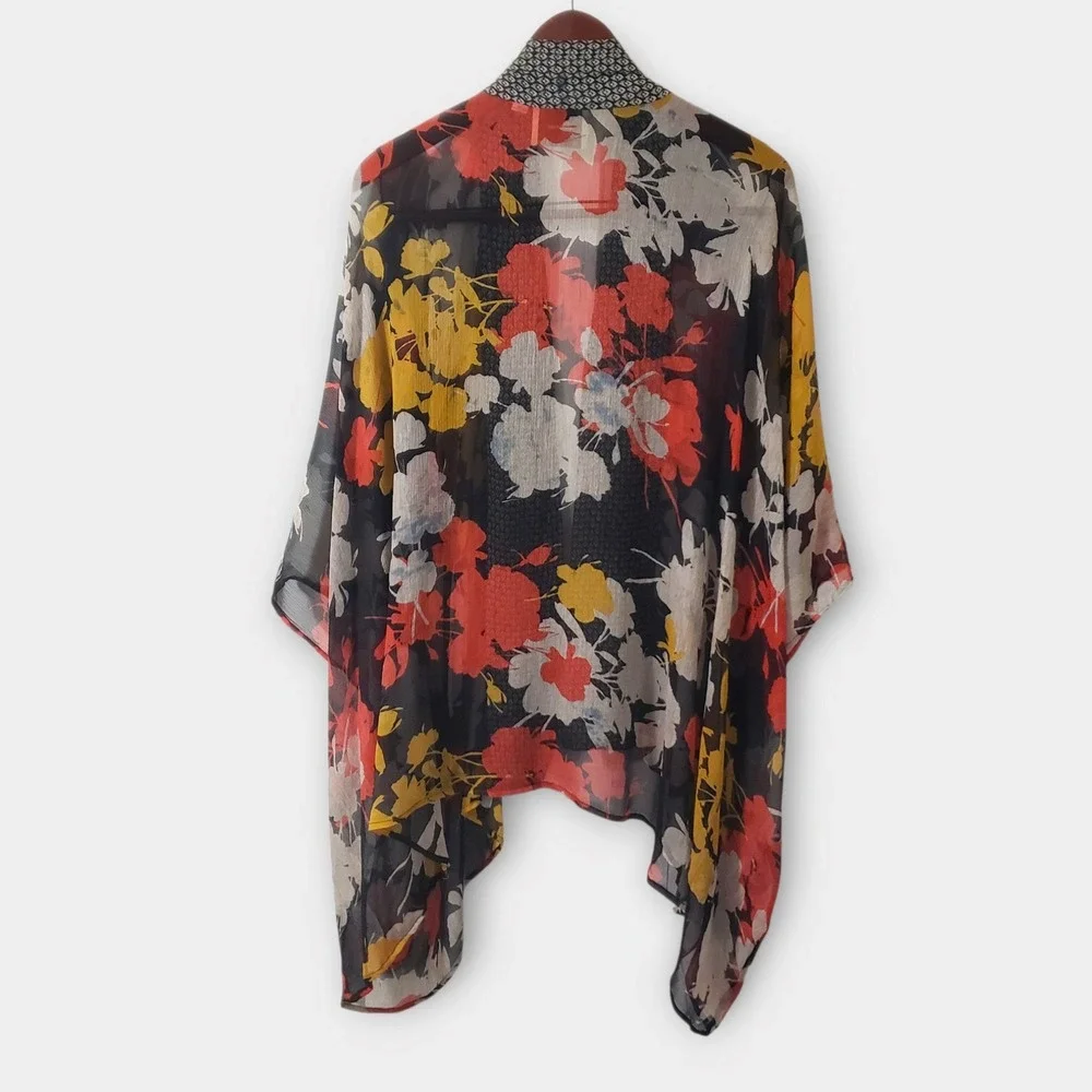 Elevenses Anthropologie 100% Silk Sheer Chiffon Floral Kimono Wrap OS Black Red